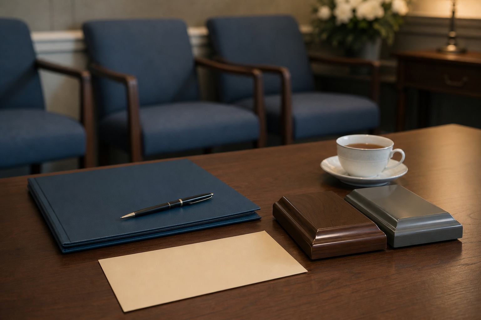 A folder, pen, envelope, and casket finish samples sit on a funeral home consultation table.