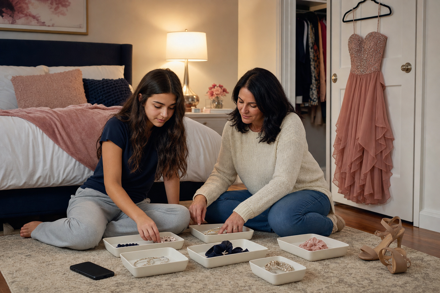 A teen and parent sit on a bedroom floor sorting homecoming accessories with a formal dress hanging nearby.
