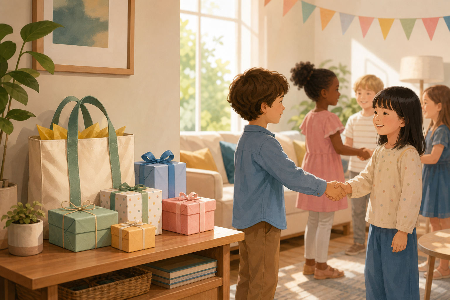 Small wrapped gifts sit on a side table while children greet each other nearby at a party.