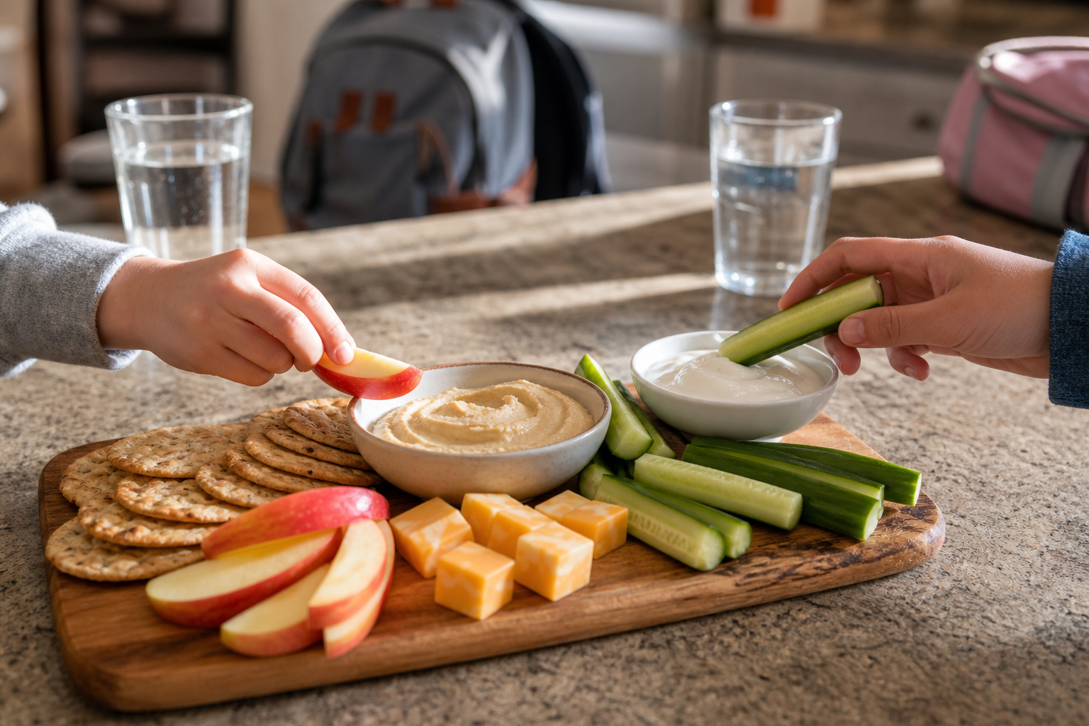 Children choose apple slices, cheese, crackers, vegetables, yogurt, and water from an after-school snack board on a kitchen counter.