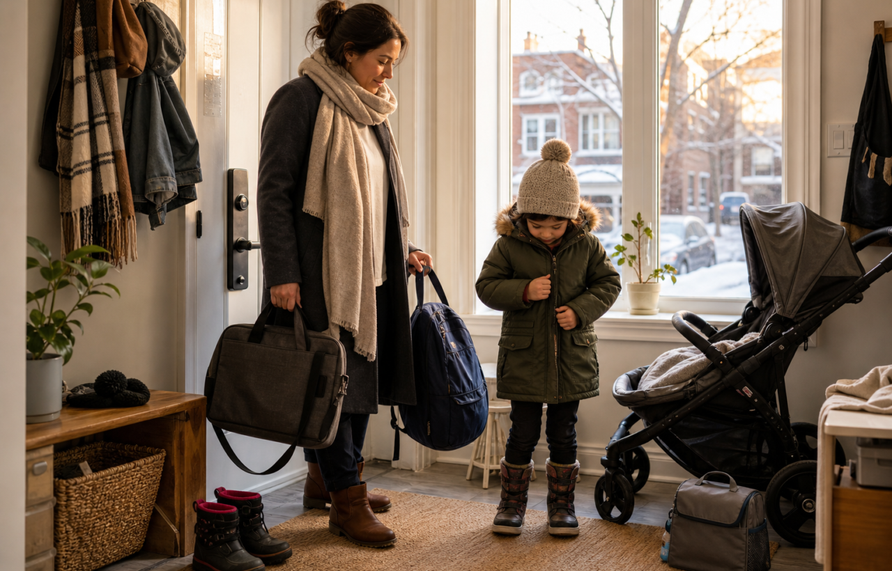 A working mother prepares to leave home with a child, laptop bag, backpack, lunch bag, winter boots, and stroller near the door on a snowy morning.