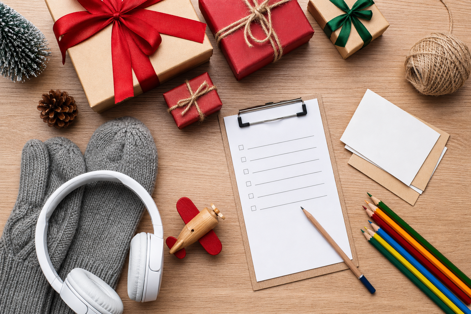 An overhead view of wrapped gifts, blank cards, pencils, mittens, headphones, and small holiday items arranged on a table.