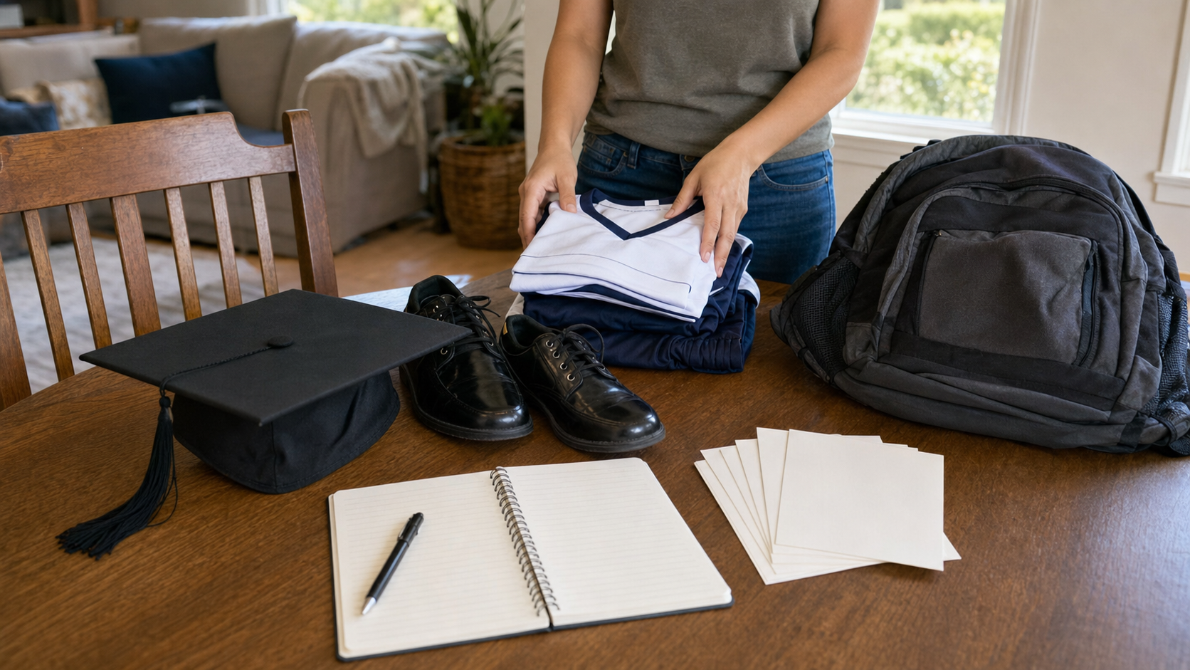 A table holds graduation items, school supplies, formal shoes, and a blank budgeting notebook as a parent organizes milestone expenses.