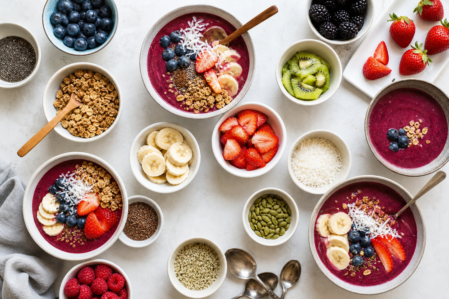 Several smoothie bowls with fruit, granola, seeds, and coconut toppings arranged separately for customization.