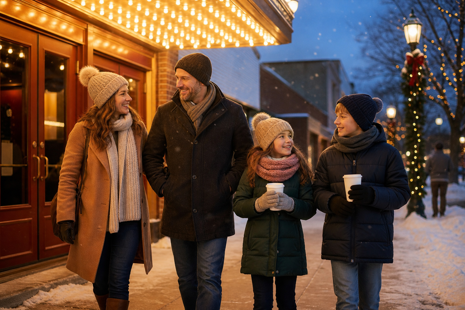 A family walks together outside a warmly lit cinema on a snowy winter evening.
