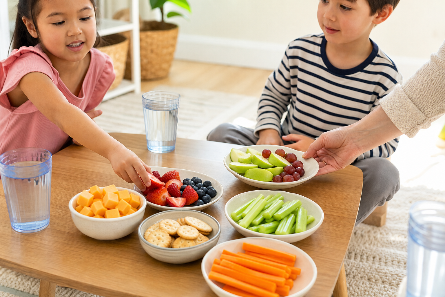 Children choose fruit, crackers, cheese, vegetables, and water from a simple snack table at a party.
