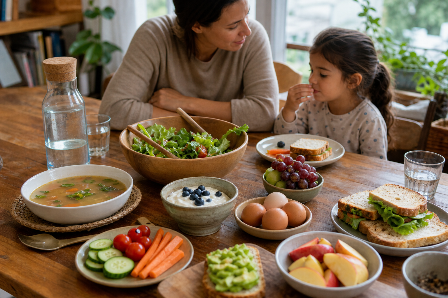A relaxed family table with varied foods from meals and snacks, including soup, sandwiches, fruit, vegetables, yogurt, eggs, and water.