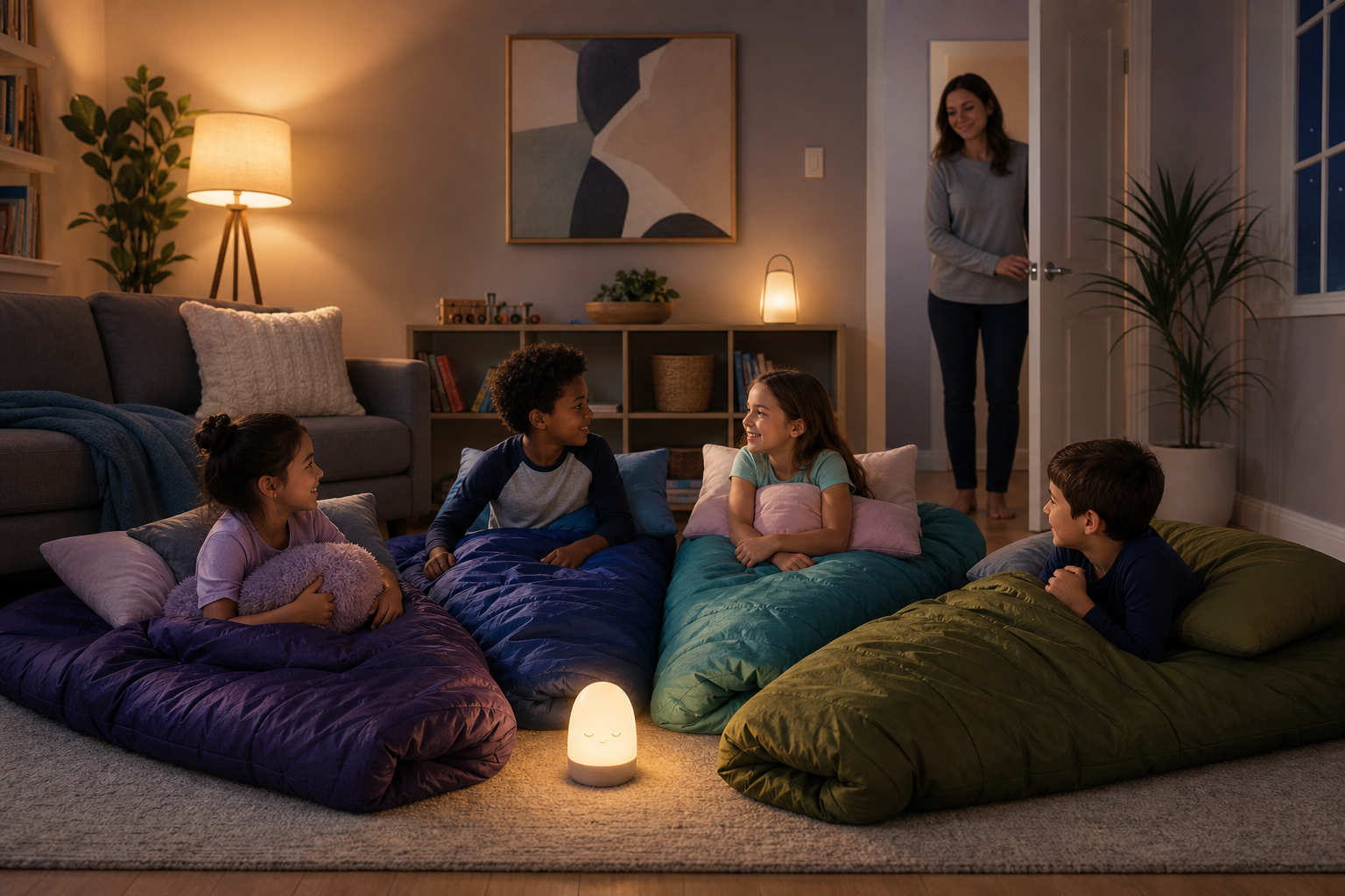 Children settle into sleeping bags in a living room while an adult checks on the sleepover from the doorway.