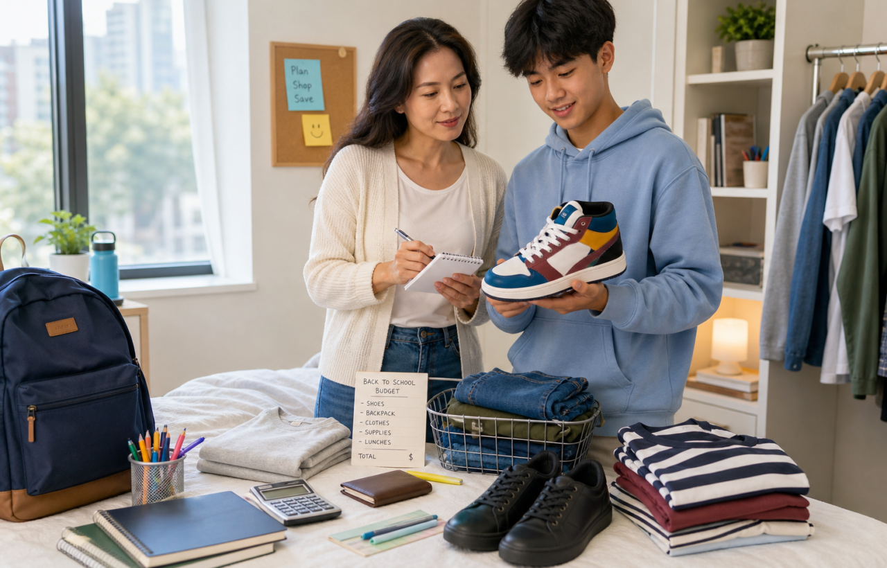 Parent and teen compare sneakers, clothing, and school supplies while planning a back-to-school budget.