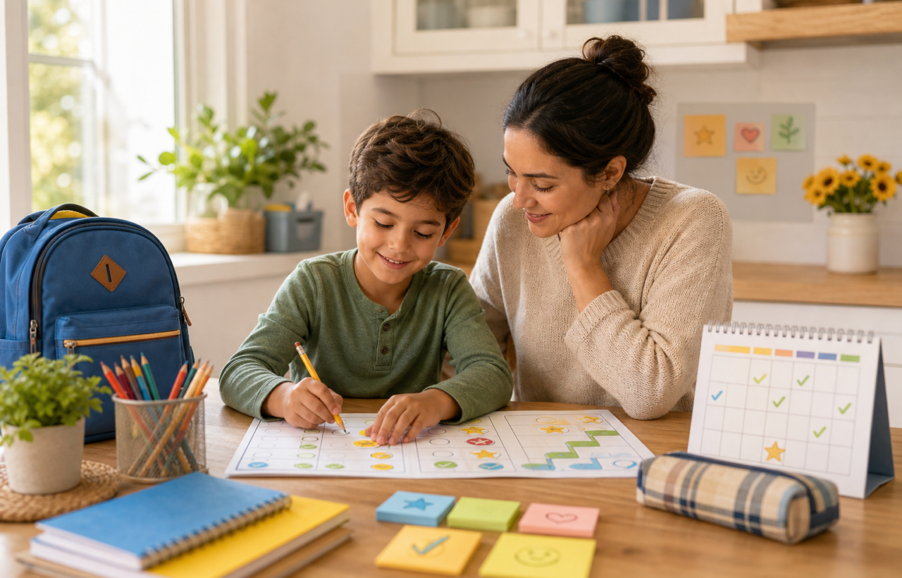 Parent and young child setting school goals together at a kitchen table with planner, stickers, backpack, and calendar