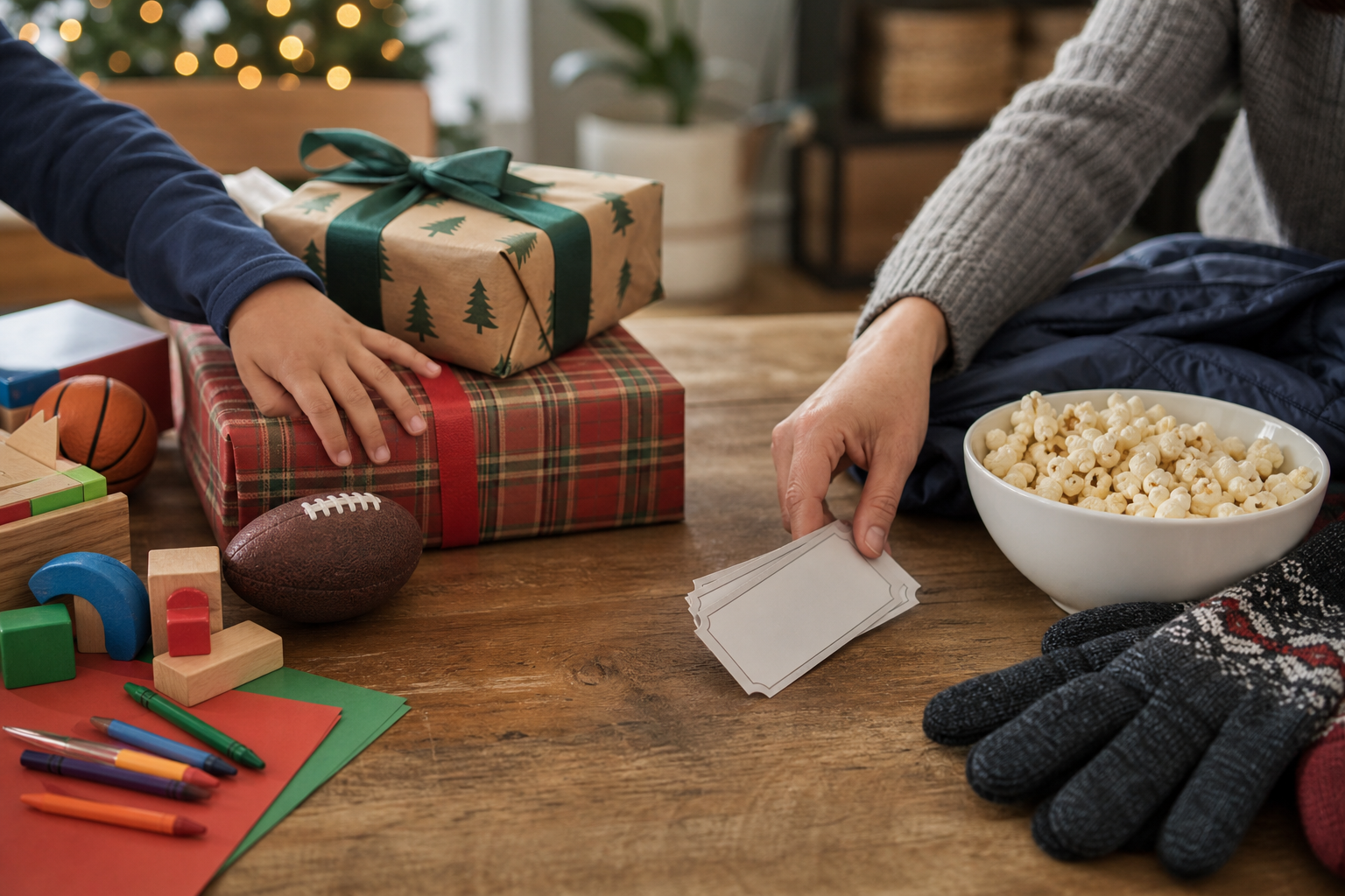 A table holds wrapped gifts, toys, art supplies, popcorn, blank tickets, and winter gloves as a family plans gifts and outings.