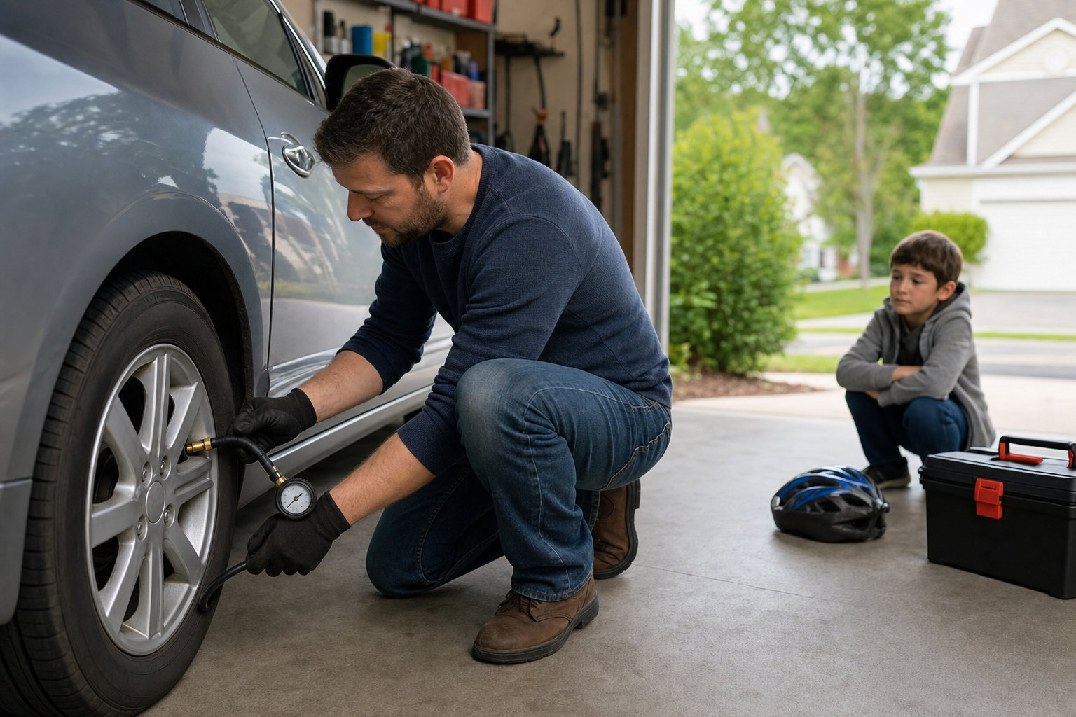 A parent checks a car tire in a garage while a child stands nearby with a helmet and toolbox visible.