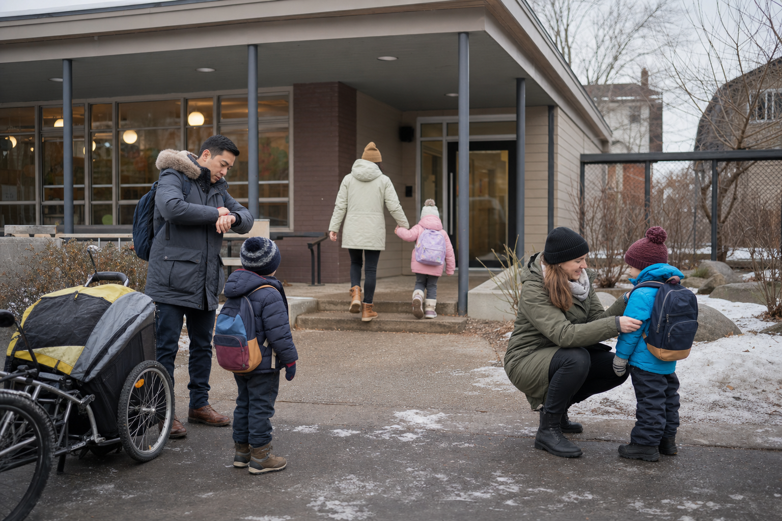 Parents drop children off at a small community daycare on a winter morning, with backpacks, strollers, and coats visible.