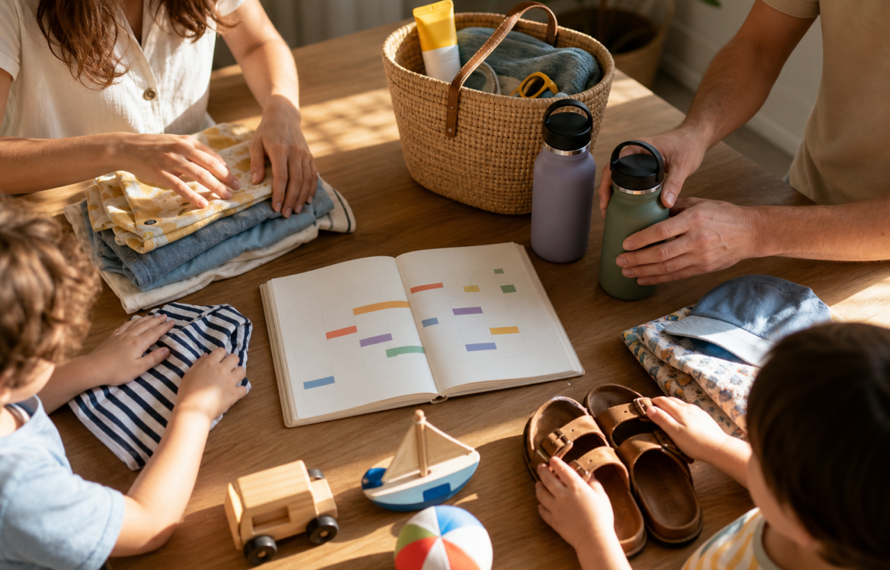 Family hands arrange summer clothes, sandals, bottles and a blank planner on a kitchen table.