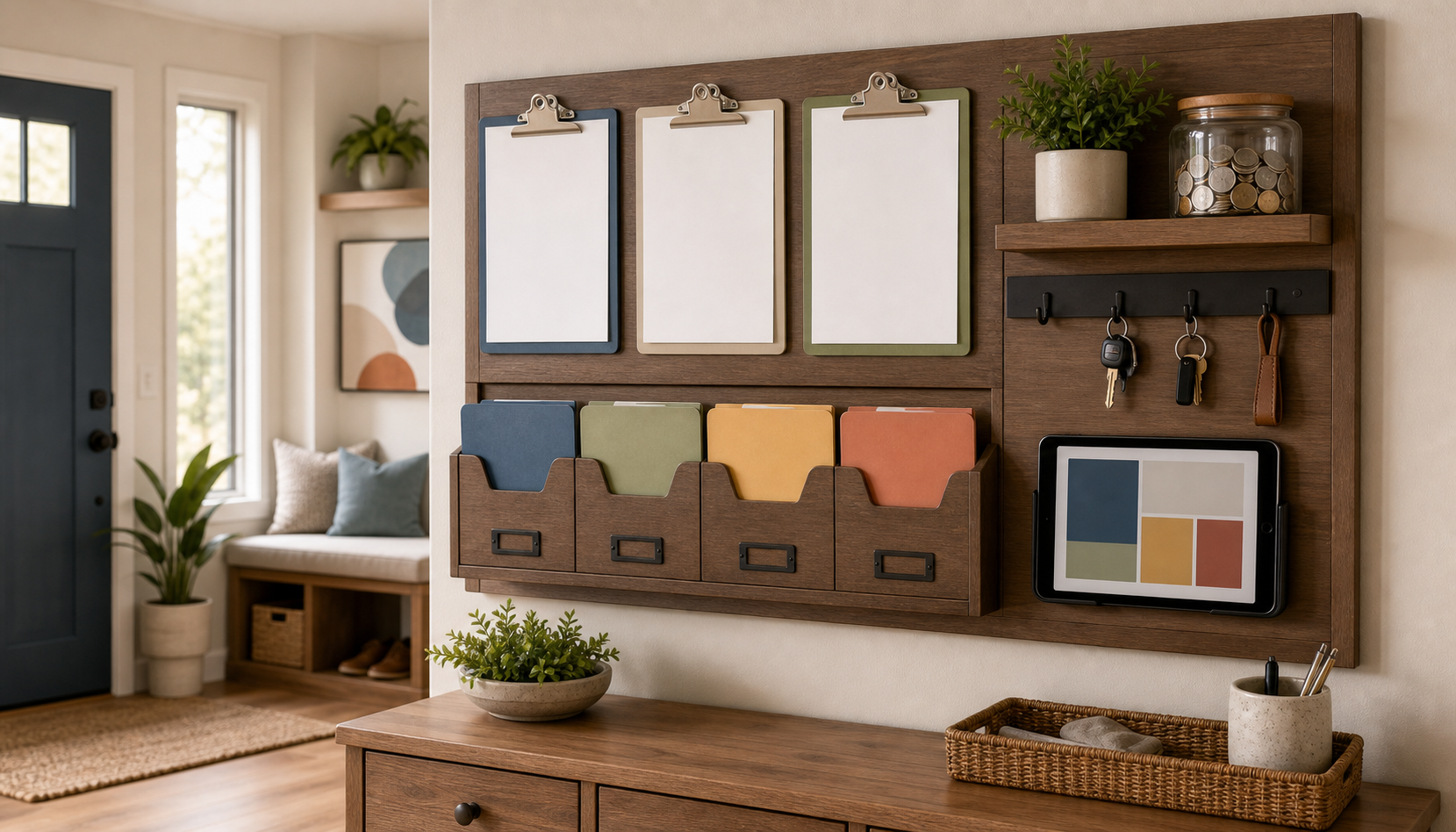 A home entryway command center shows blank clipboards, folders, keys, a coin jar, and a tablet with abstract blocks.