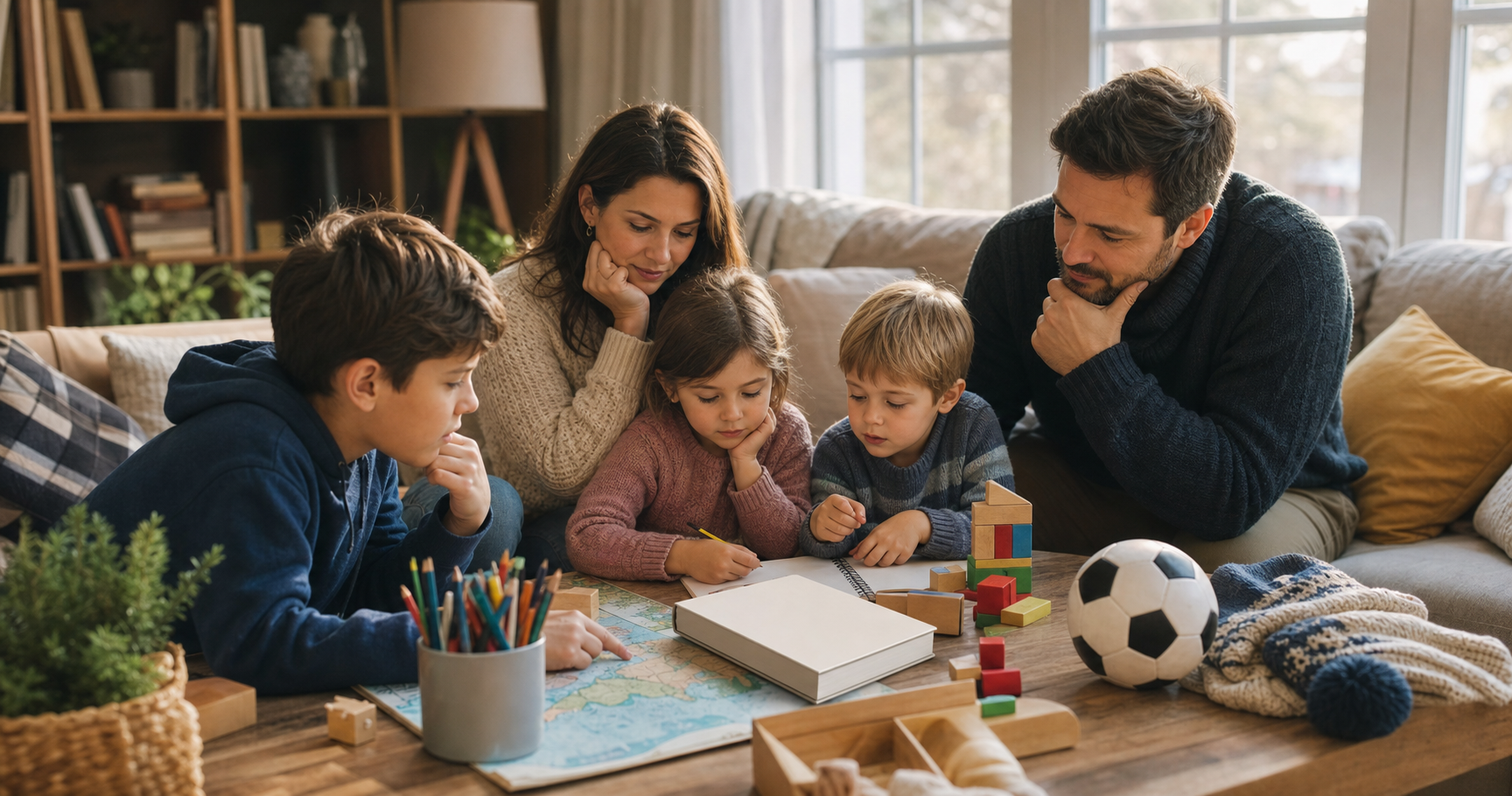 Children and adults gather around a coffee table with books, blocks, art supplies, a ball, and winter accessories for holiday gift planning.