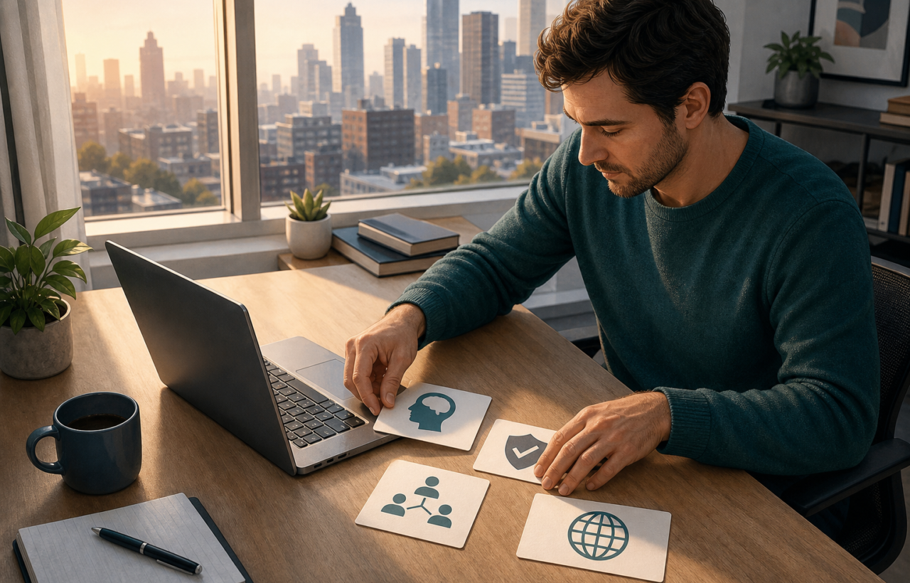 A remote worker organizes skill cards around a laptop at a home desk with a city skyline in the background.