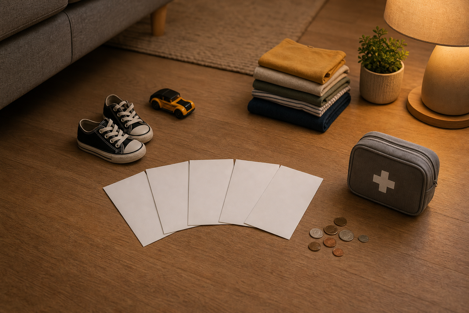 Household items, envelopes, children's shoes, a toy car, and coins are arranged with open space on a living room floor.