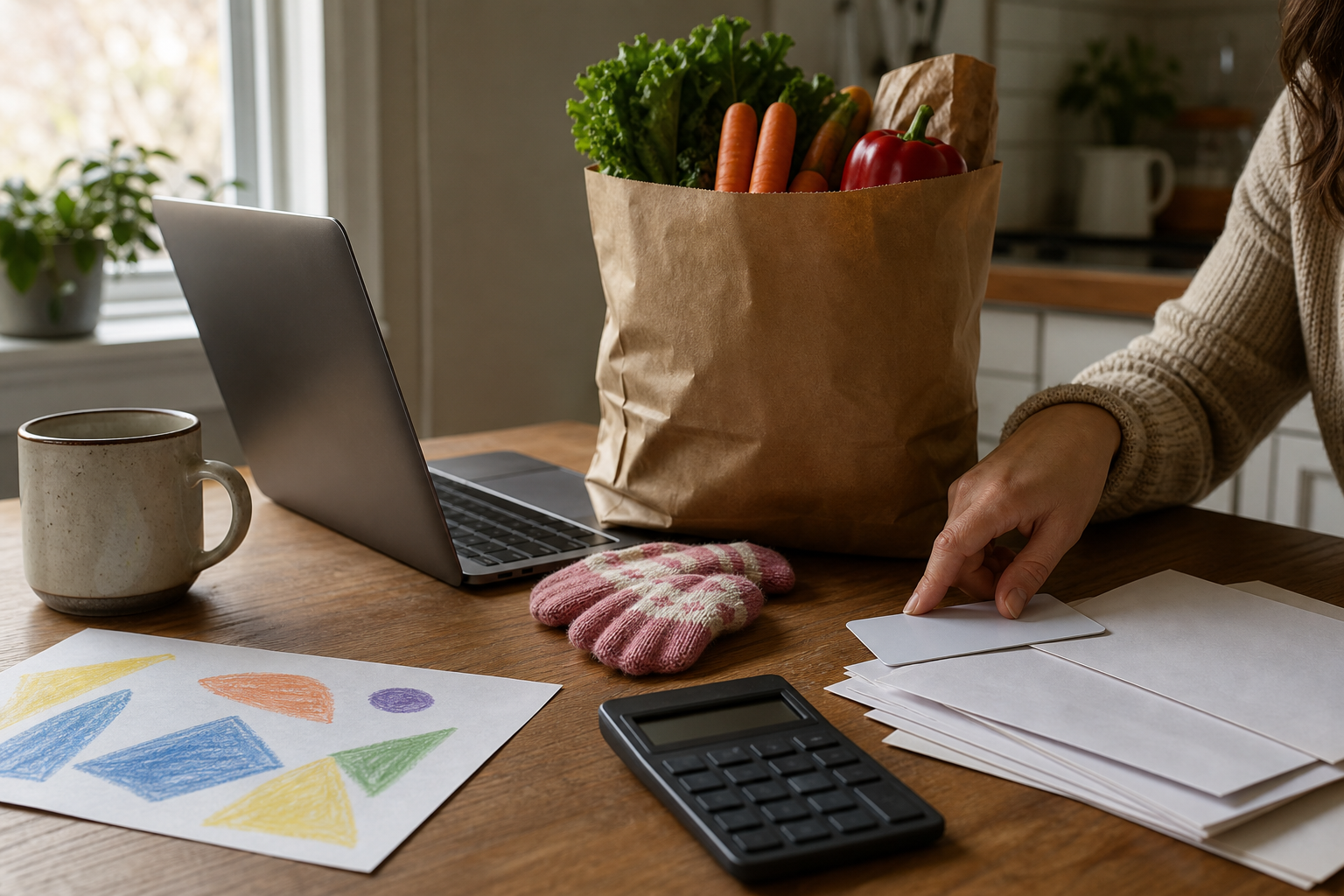 A kitchen table holds a laptop, groceries, child mittens, calculator, papers, and a coffee mug, suggesting household work and family expenses.