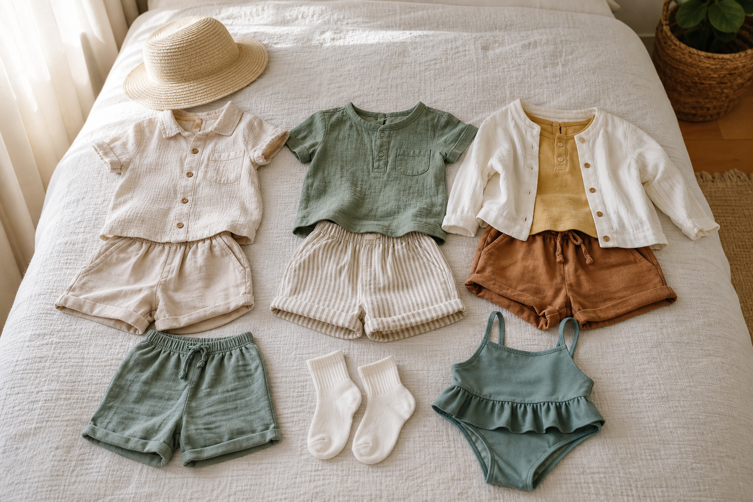 Children's summer wardrobe staples are arranged into simple outfits on a bed.