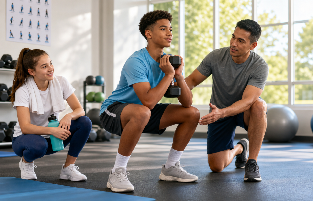 Teen boy practices a controlled dumbbell squat with coach supervision while another teen rests in a bright gym.