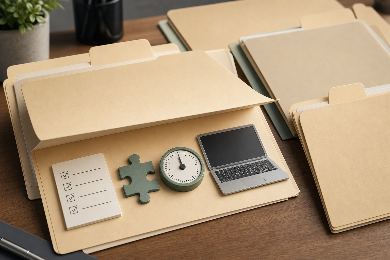 Blank job-title folders sit on a desk, with one open folder showing symbolic work tools inside.