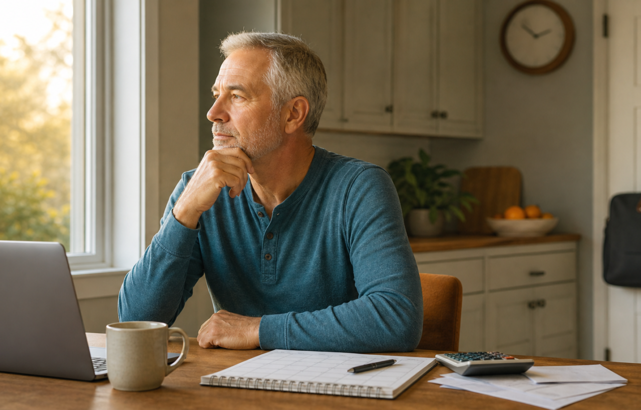 A mature adult reviews a calendar and calculator at a kitchen table with a laptop and work bag nearby.