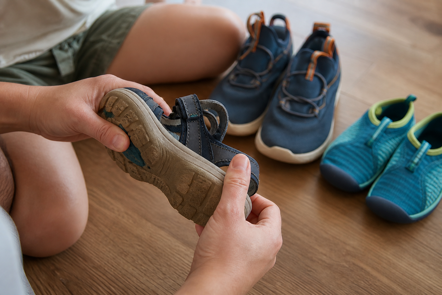 A parent checks the flexibility of a child's sandal beside other summer shoes.