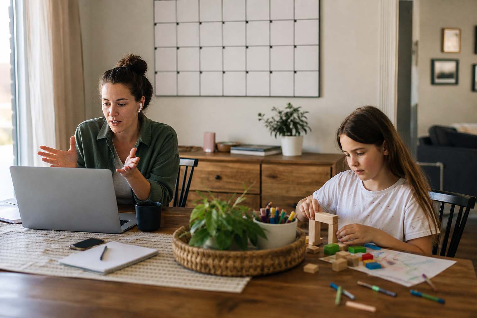A parent works on a laptop at a dining table while a child plays nearby with blocks and art supplies in a sunlit room.