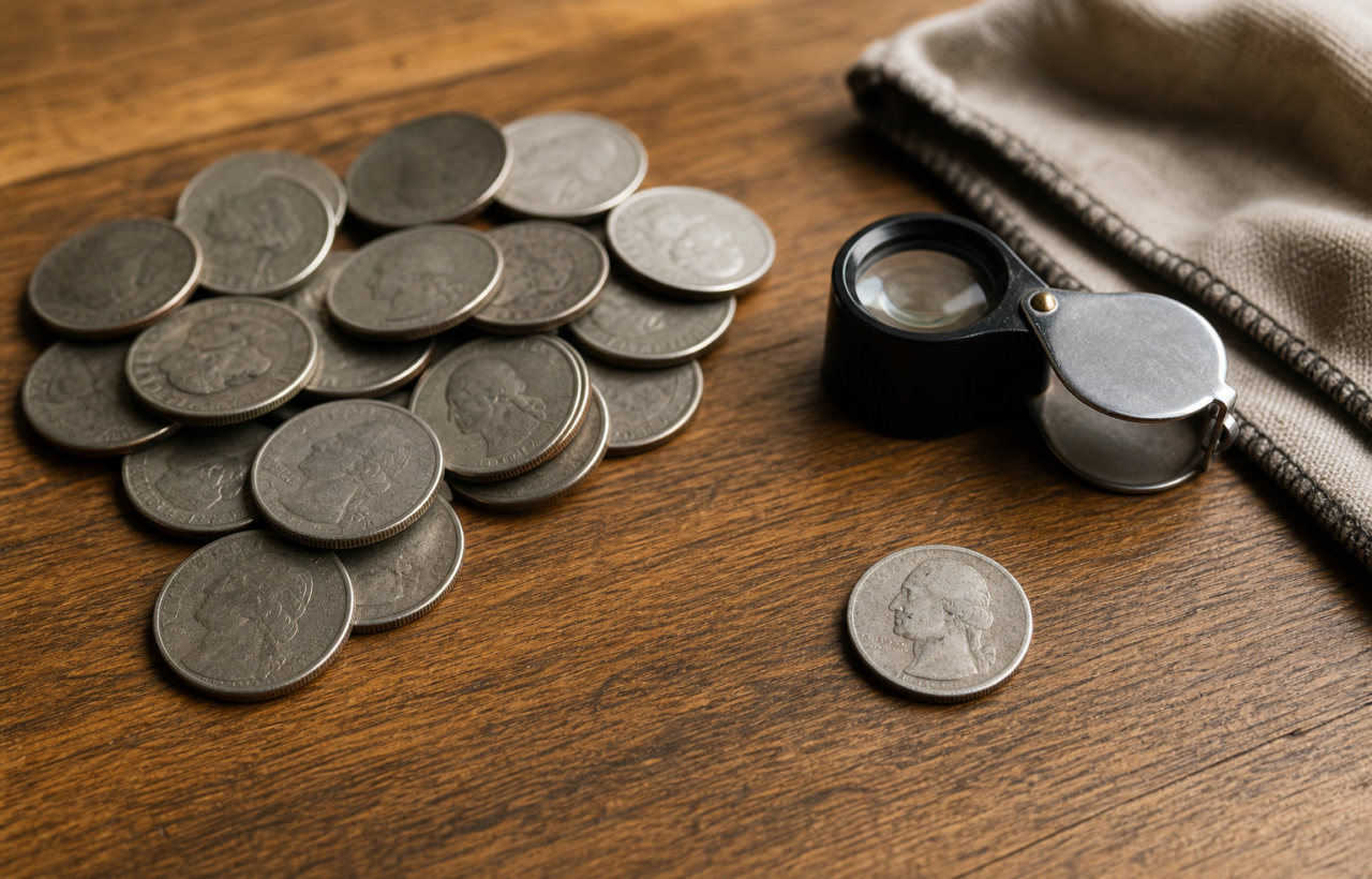 Assorted worn quarters on a wooden table with a magnifying loupe and one coin set apart for inspection.