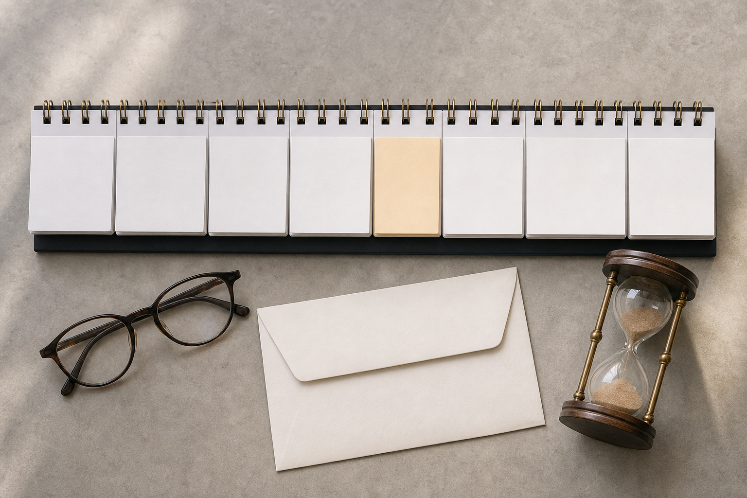 A blank calendar, paycheck envelope, reading glasses, and hourglass arranged on a desk.