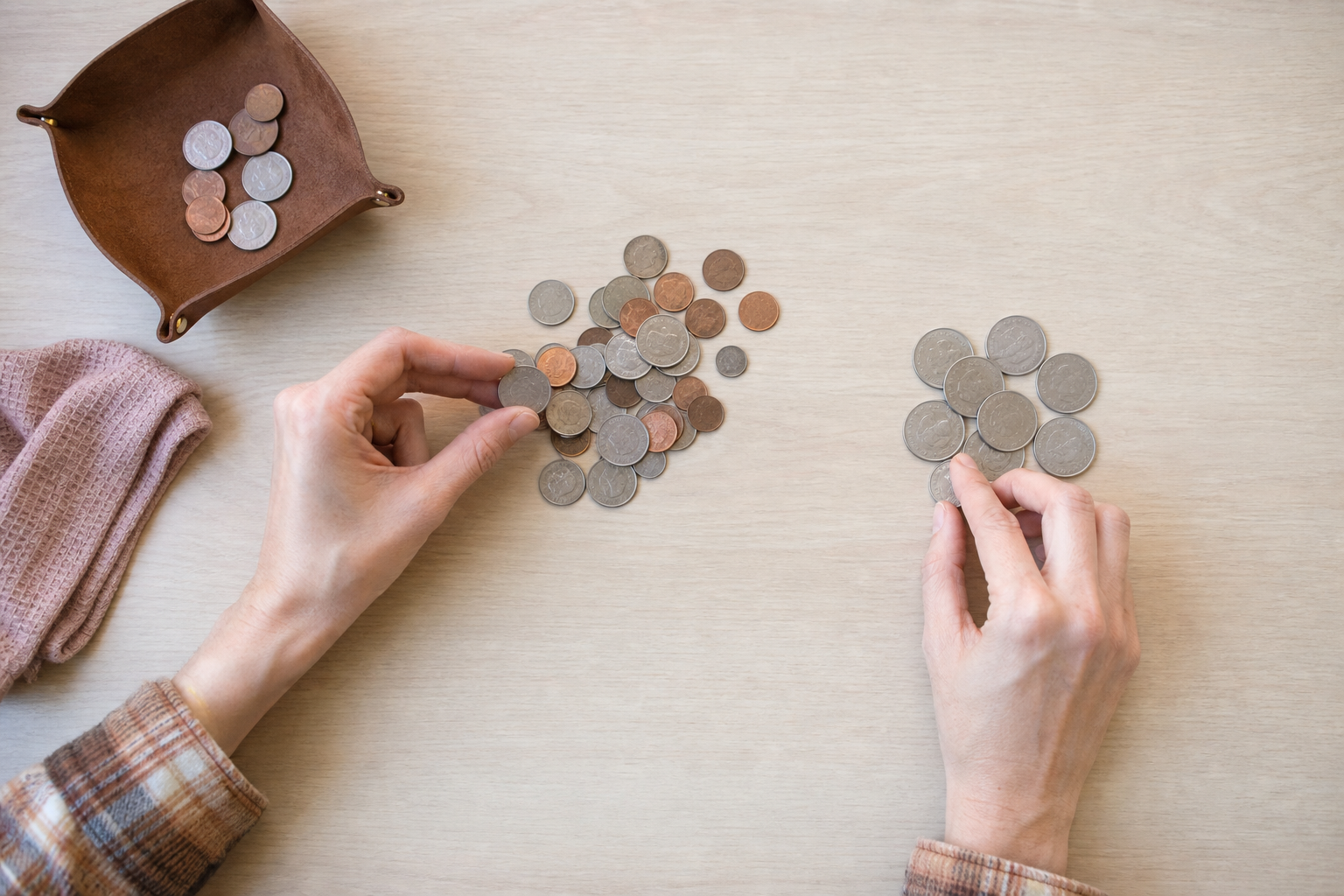 Hands sorting mixed pocket change on a desk with quarters separated into a small group.