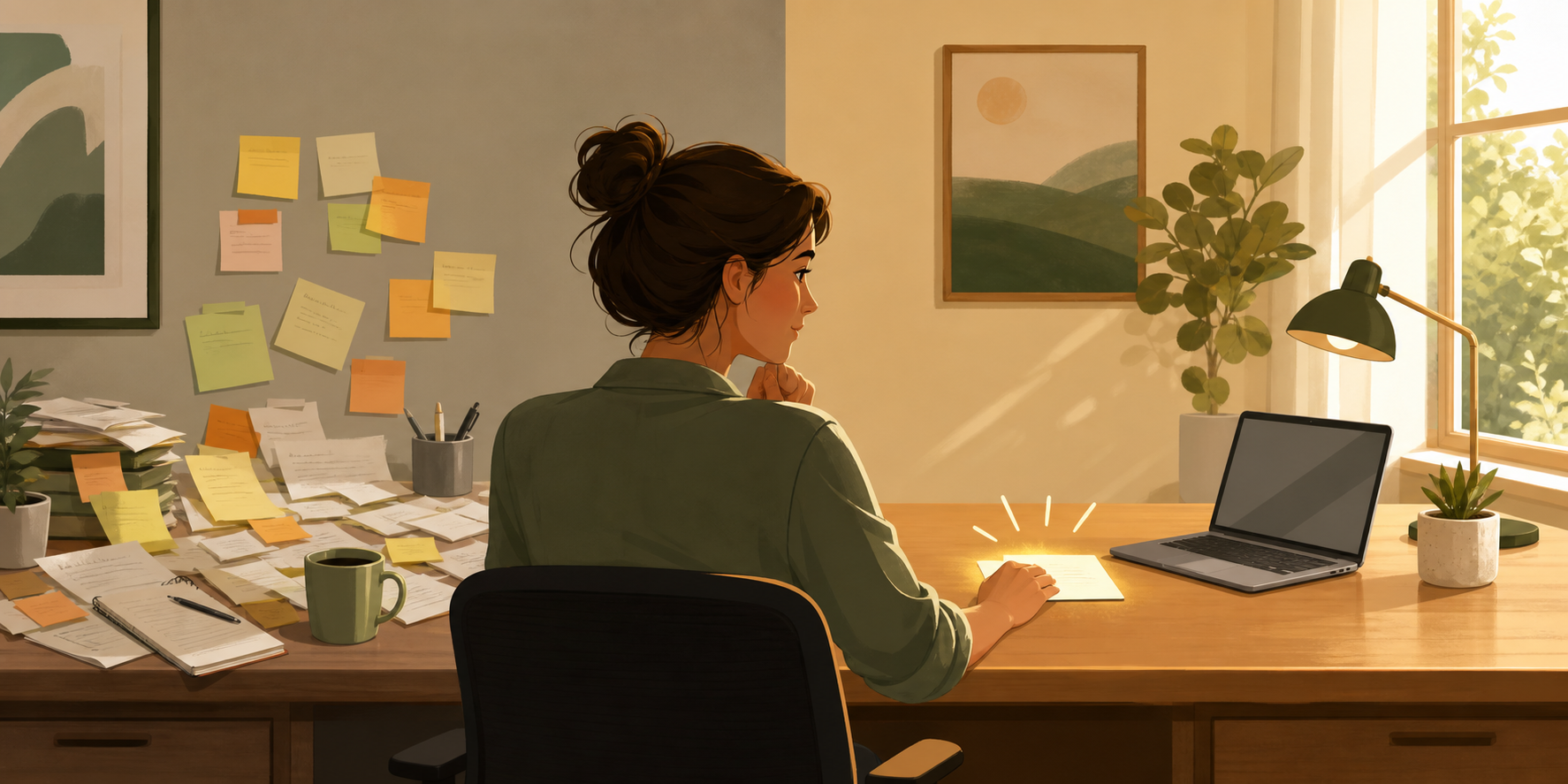 A home office desk shifts from scattered notes on one side to one focused task beside a laptop on the other.
