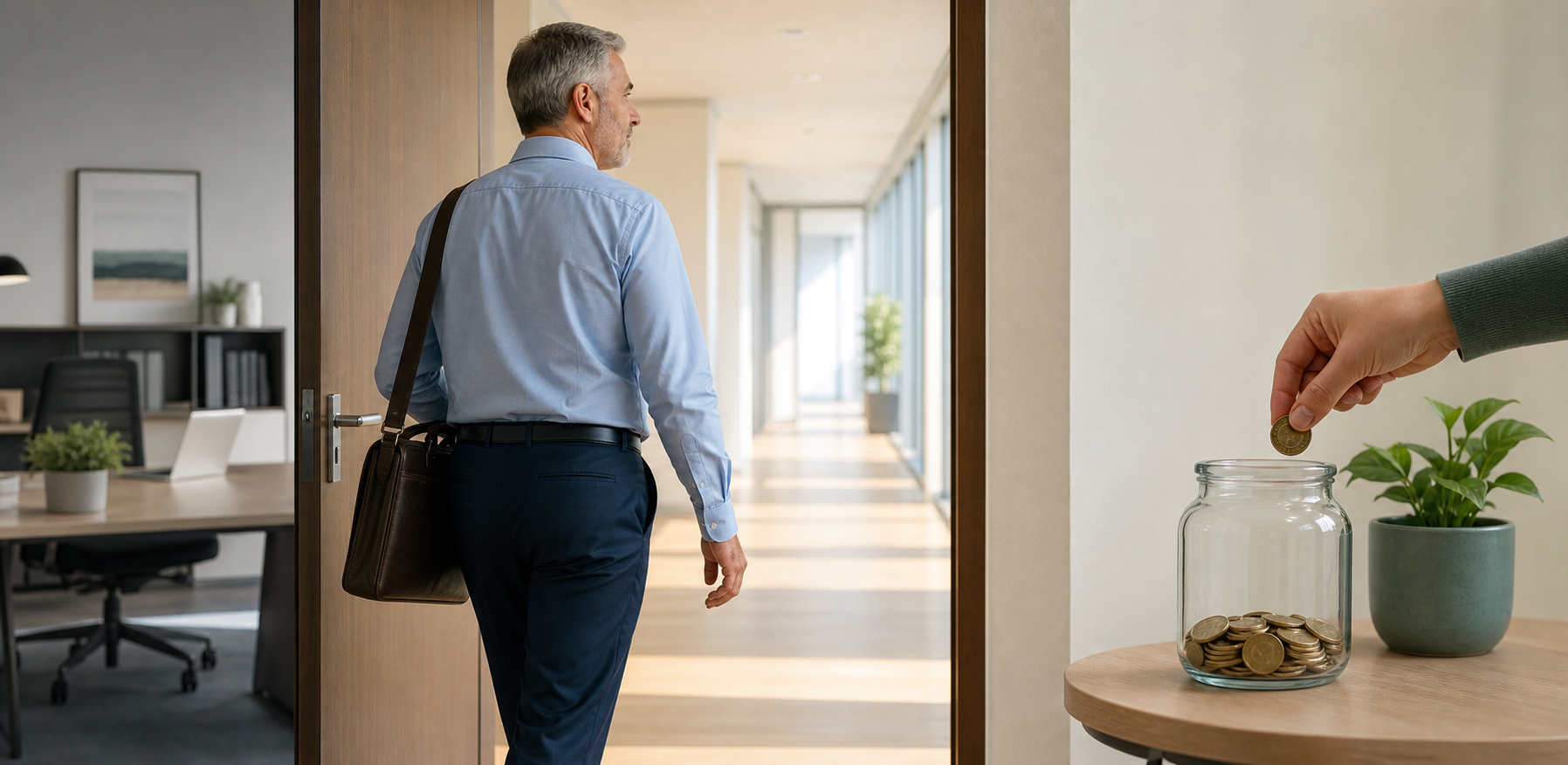 A mature worker walks through an open doorway while coins are placed into a small jar nearby.