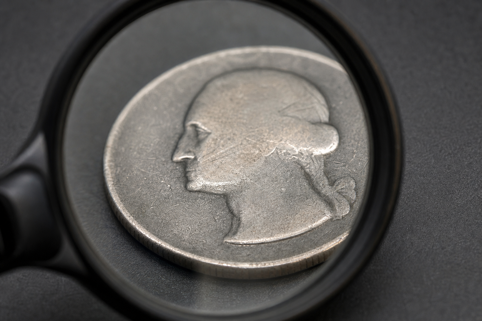 A worn quarter viewed through a magnifying glass on a dark surface.