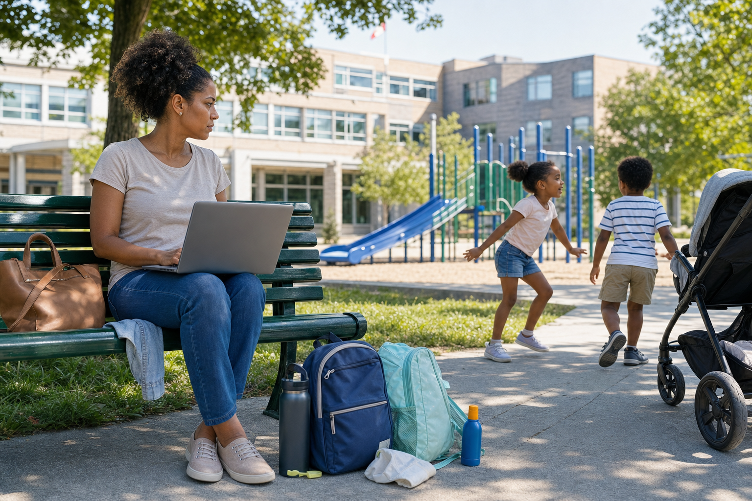 A working mother watches children at a playground with a laptop bag and backpacks nearby, with a closed school building in the background.