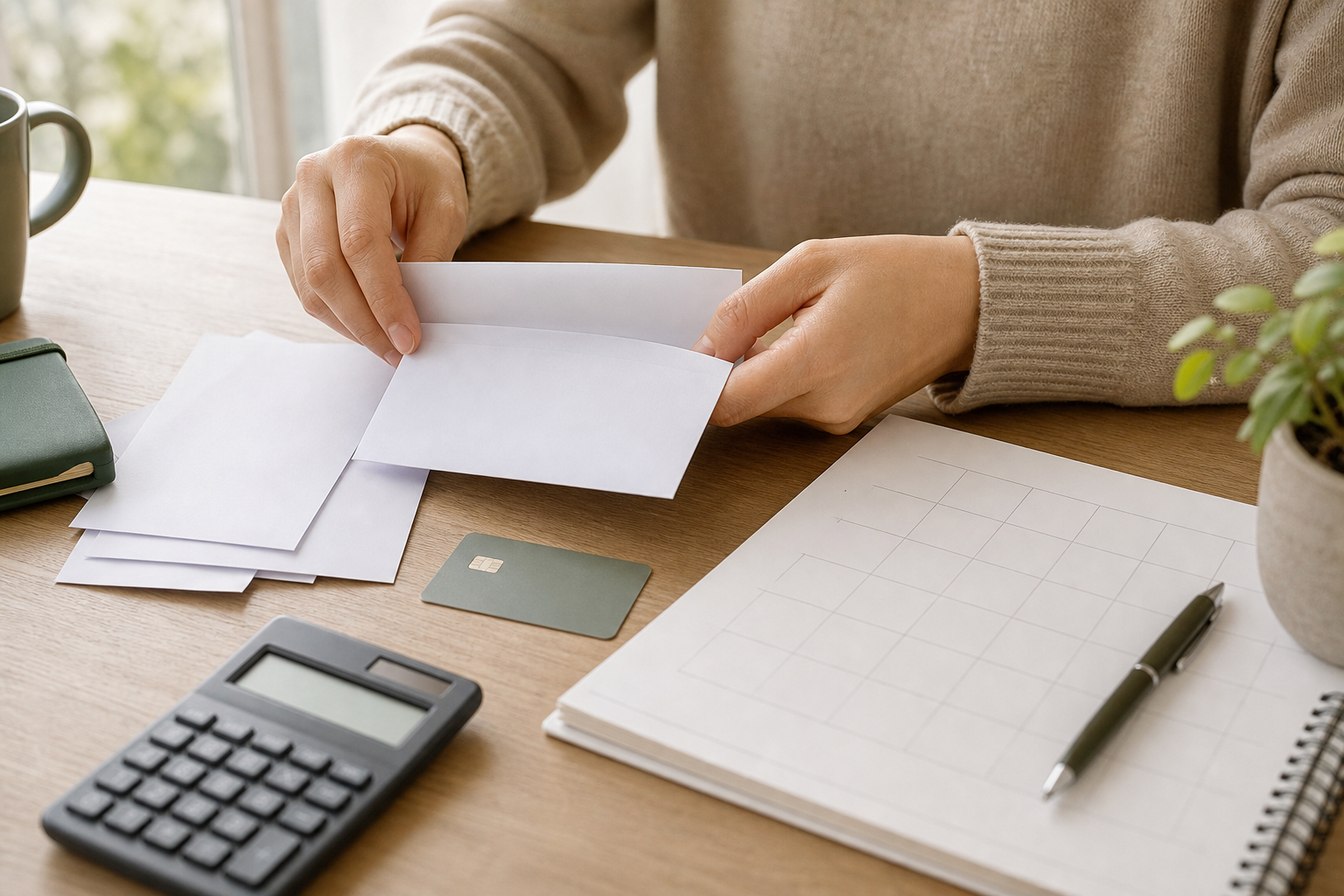 Hands organize blank envelopes, a calculator, and a calendar page on a desk.