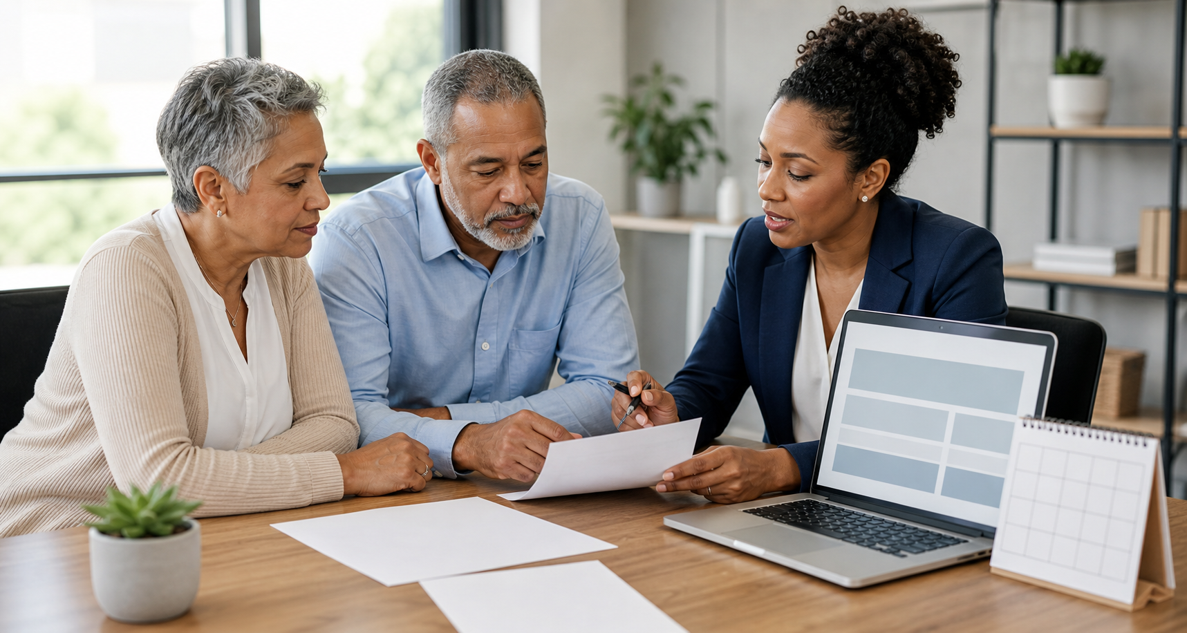 A couple meets with a planning professional to review blank documents and a laptop at an office table.