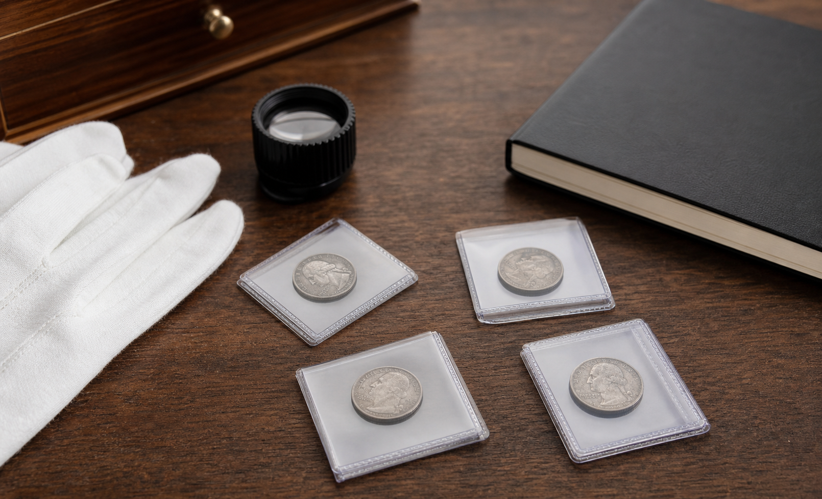 Circulated quarters in protective holders beside cotton gloves and a magnifying loupe on a table.