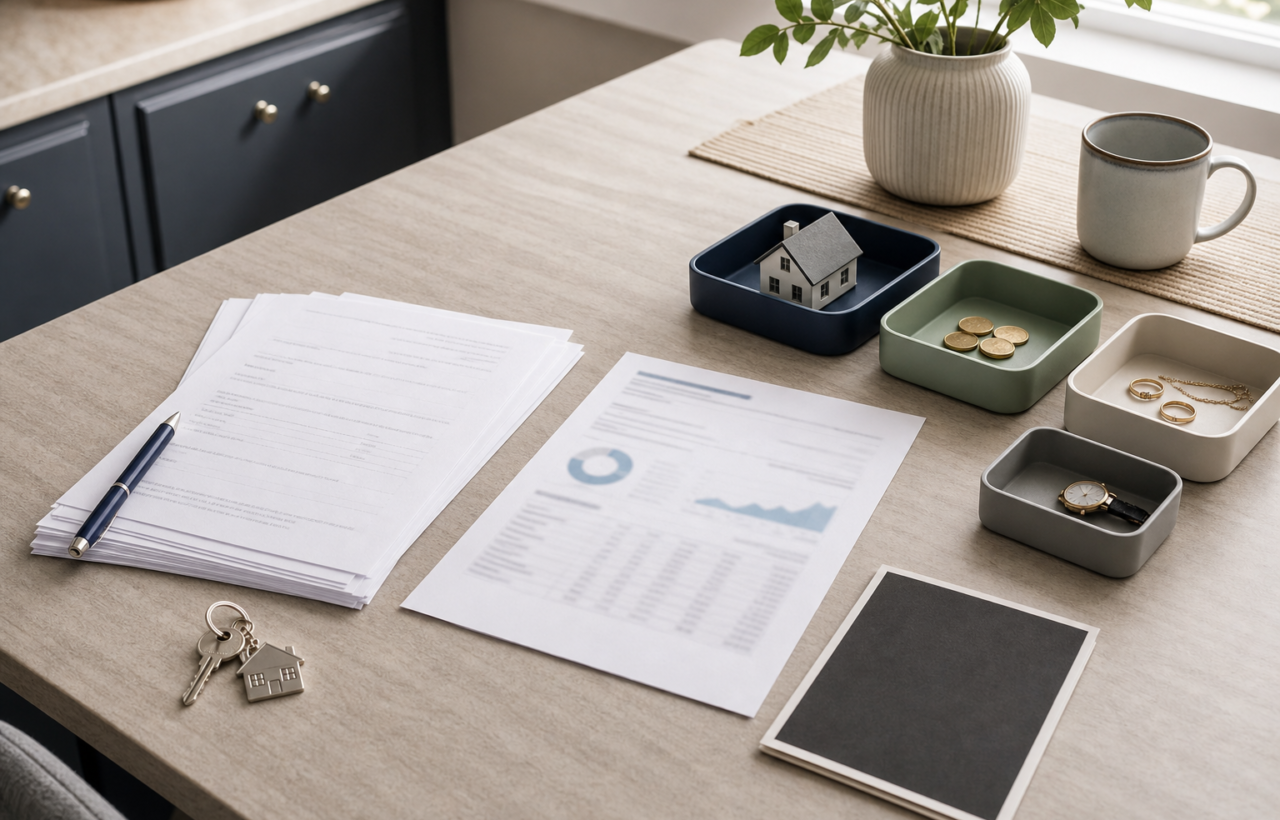 Estate planning papers, house keys, financial statement and asset trays arranged on a kitchen table