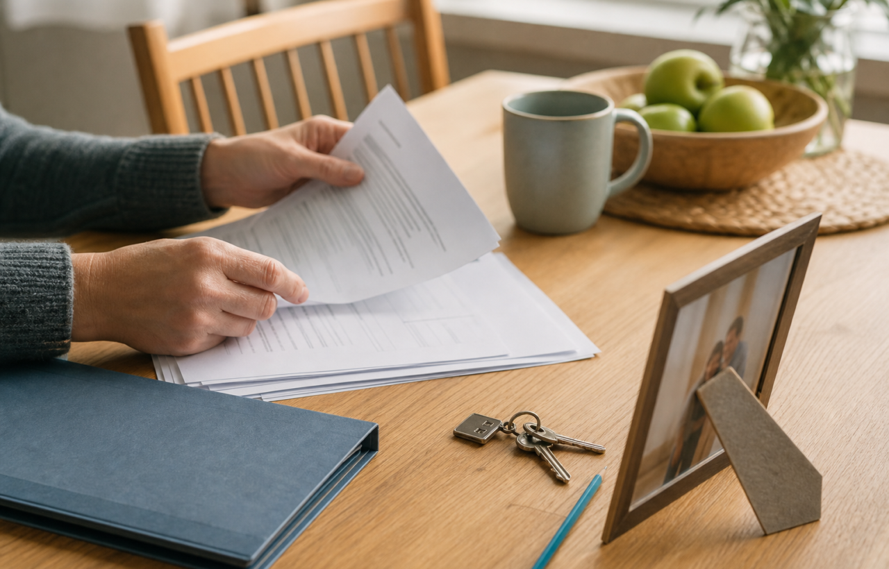 Parent organizing estate planning papers at a kitchen table with house keys, folder, family photo, and child’s pencil nearby.
