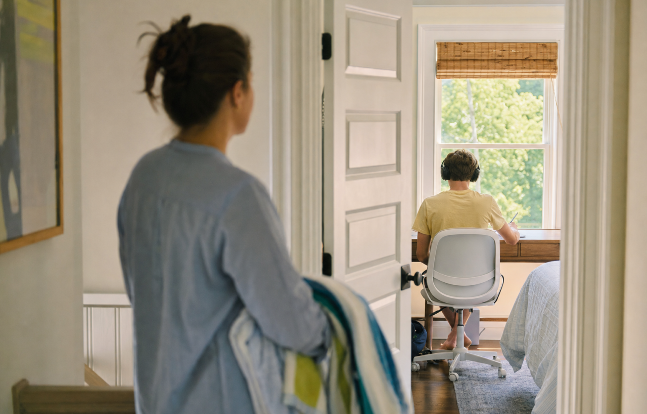 Parent pauses outside a teen's sunlit bedroom while the teen studies at a desk with headphones.