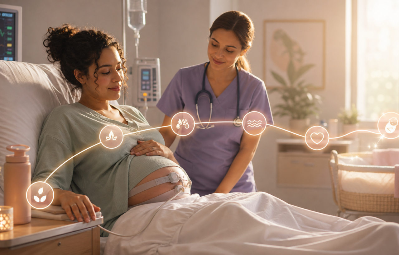 Pregnant patient resting in a hospital birth room with a nurse and glowing labor induction timeline icons