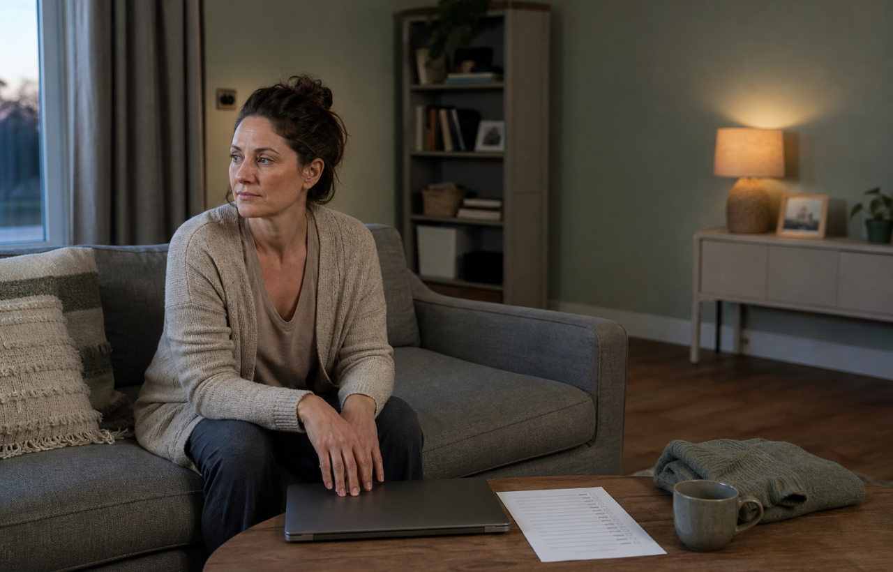 Tired single mother sitting on a sofa beside a closed laptop, checklist, sweater, and mug in a quiet evening living room.