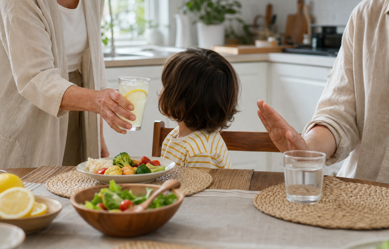 Grandmother offers lemonade to a child while a parent gestures stop beside a glass of water in a bright kitchen.