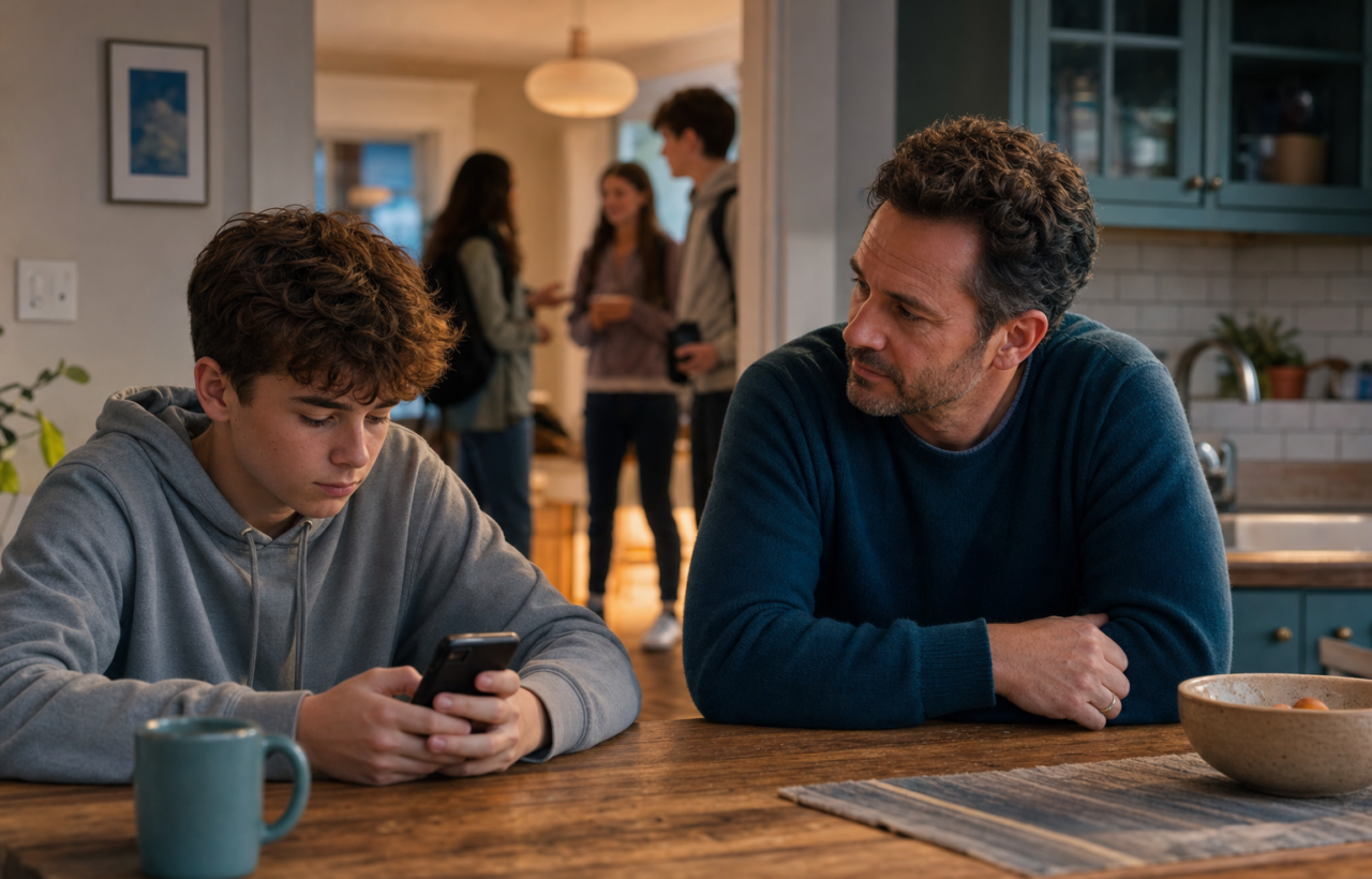 Parent watches a withdrawn teen using a phone at a kitchen table while peers gather in the background