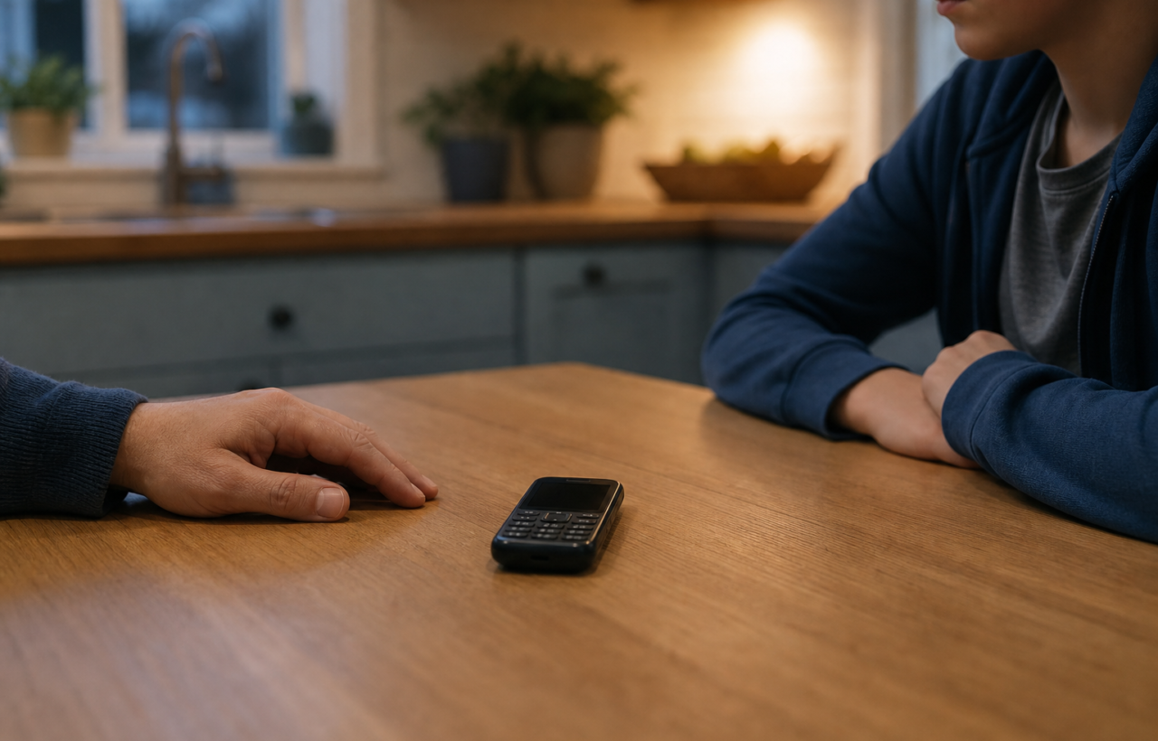 Parent and child sit at a kitchen table with a small prepaid phone between them