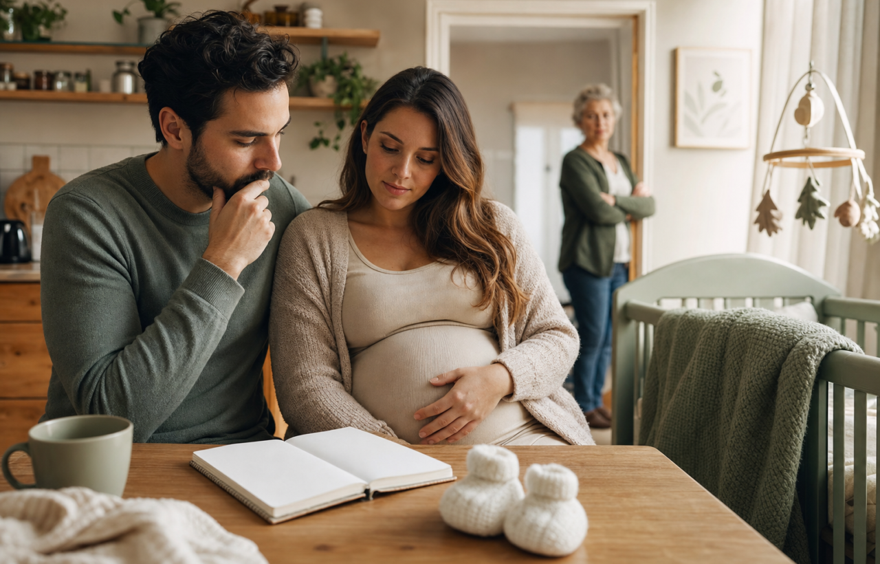 Expectant couple sits at a kitchen table with a baby-name notebook and newborn booties as an older relative watches from the doorway.