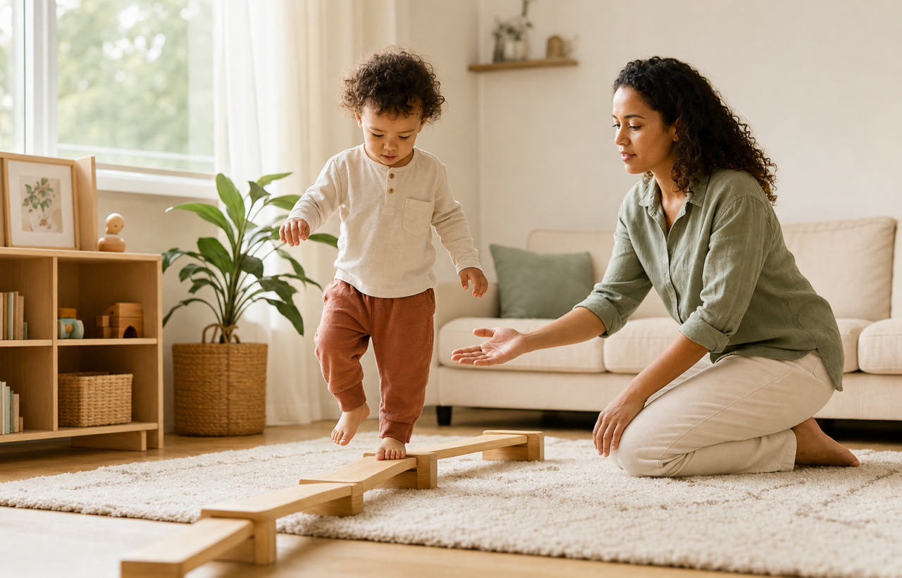 Parent supports toddler practicing on a wooden balance beam in a sunlit living room