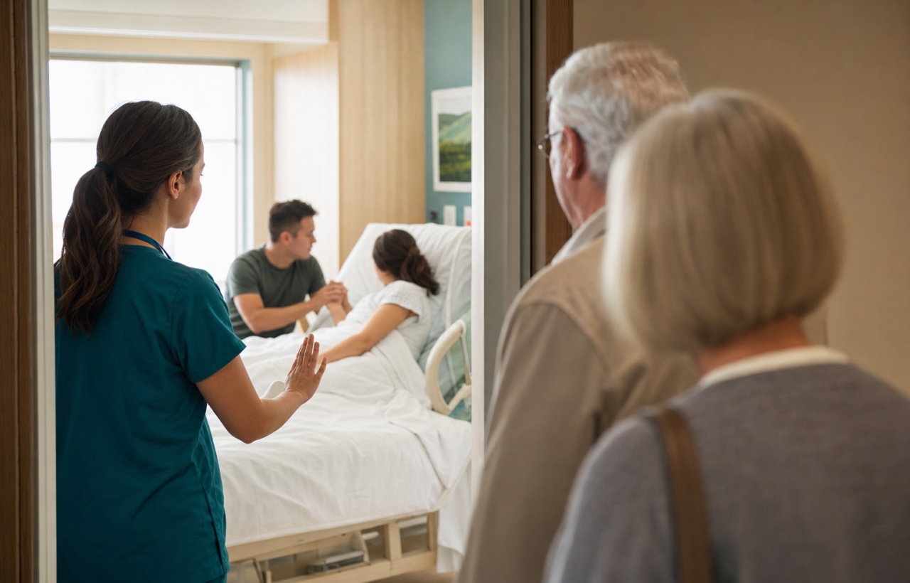Labor nurse gestures for privacy as relatives wait outside a hospital delivery room.